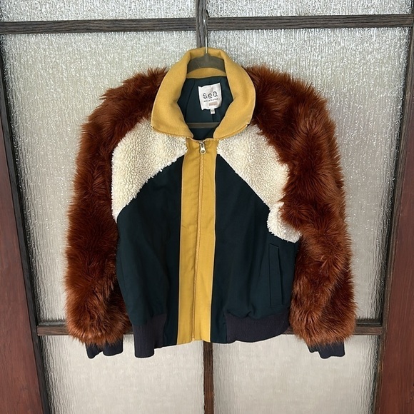 Sea New York Colorblock Faux Fur Track Jacket Size XS green/Brown/Yellow/Cream - Picture 3 of 7
